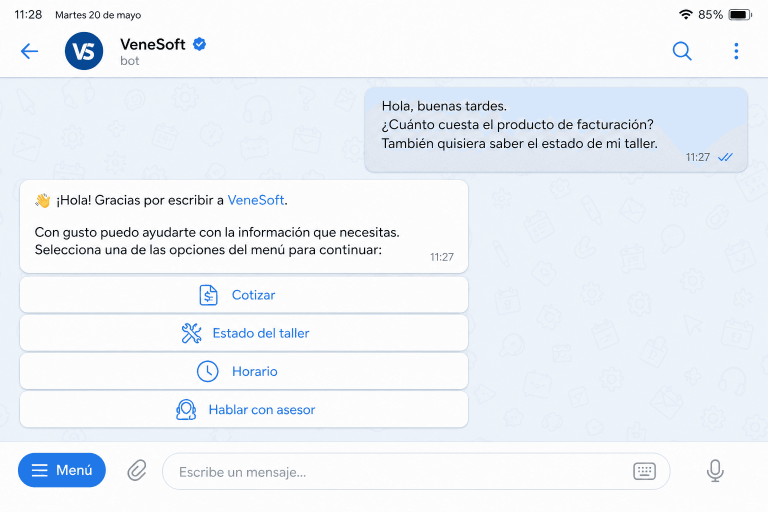 Chat de bot de Telegram con menú de opciones
